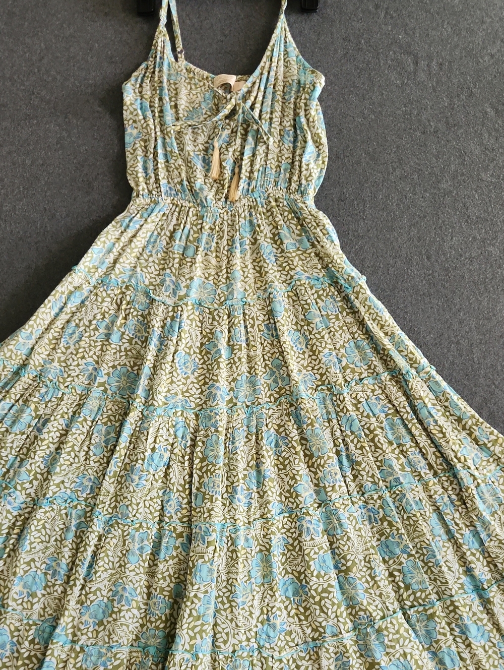 Beach Gold Women's Maxi Dress  Floral Tiered Tassel Tie Size Small Beach Boho